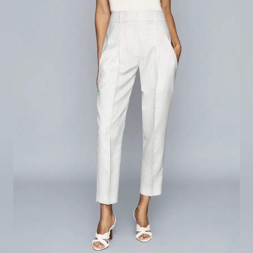 Reiss Shelby Pleat Front Striped Trousers, Pinstripe Pants, Off-White/Black, 10